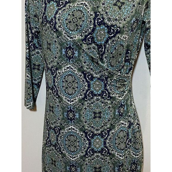 Talbots Womens Size Petite Green Medallion Ruched Side Faux Wrap Sheath Dress - Picture 6 of 8